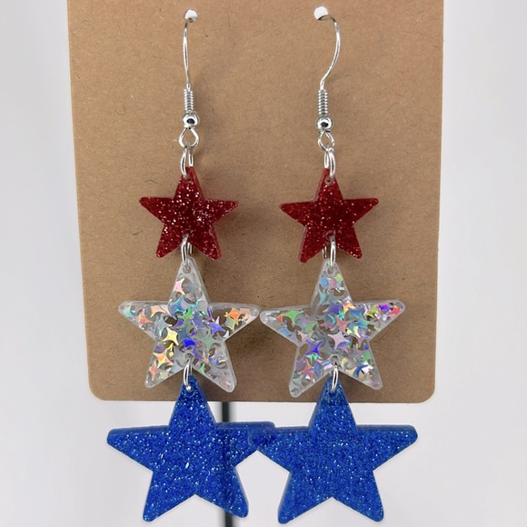 Fashion Jewelry Jewelry - Acrylic Red White and Blue Star Hook Earrings 4th of July Fashion Jewelry